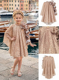 Girls' Dress with Gold Sequins and Shoulder Flowers