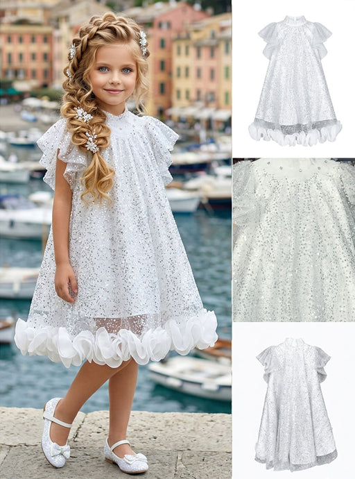 Girls' White Dress with Ruffled Skirt and Silver Sequins