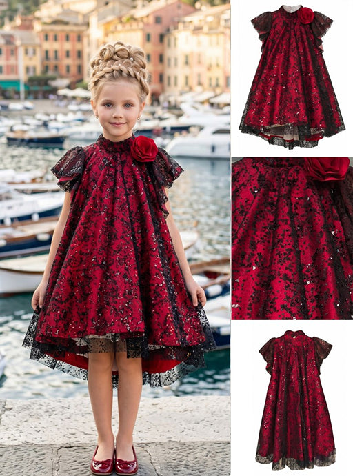 Girls' Black Lace Dress with Red Sequins