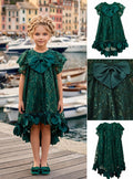 Girls' Dress with Emerald Green Sequins and Bow