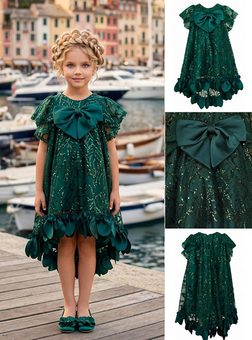 Girls' Dress with Emerald Green Sequins and Bow