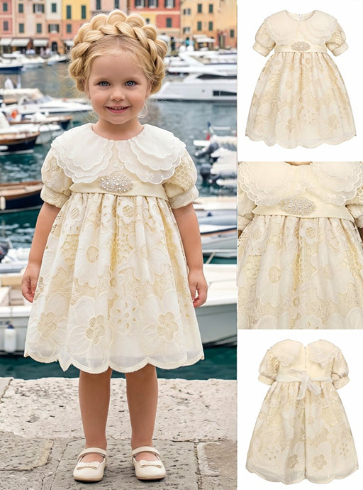 Girls' Ecru Dress with Multi-Layered Wide Collar