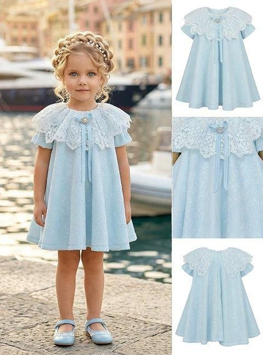 Kids' Light Blue Dress with Lace Collar