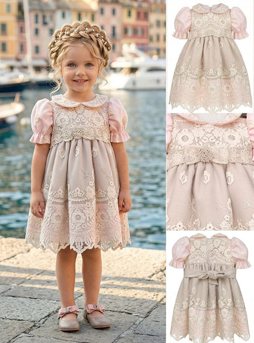 Girls' Beige and Powder Pink Lace Dress with Puffed Sleeves