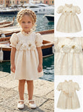 Girls' Patterned Cream Dress Adorned with Flowers at the Waist