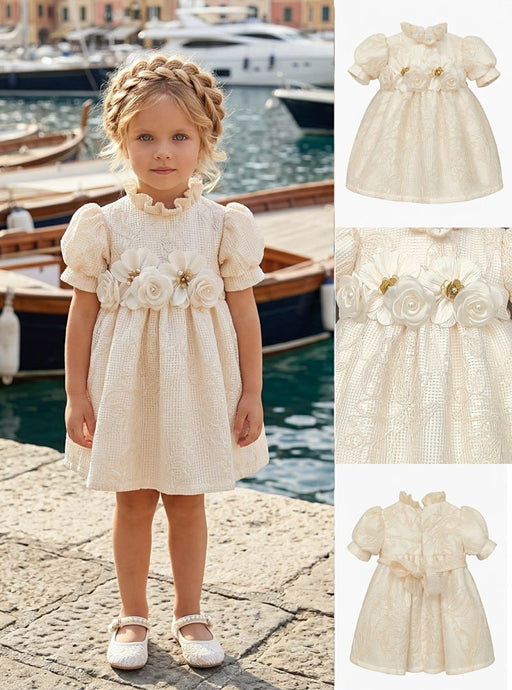 Girls' Patterned Cream Dress Adorned with Flowers at the Waist