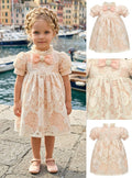 Girls' Salmon Lace Dress with Pearl Bow