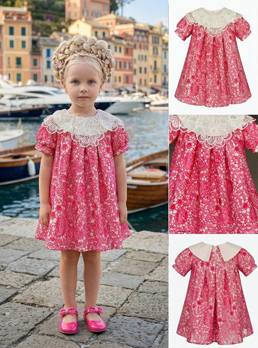 Girls' Pink Dress with Wide Lace Collar