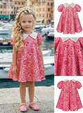 Girls' Dress with Wide Collar and Pink Rose Print
