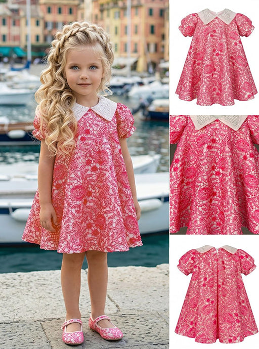 Girls' Dress with Wide Collar and Pink Rose Print