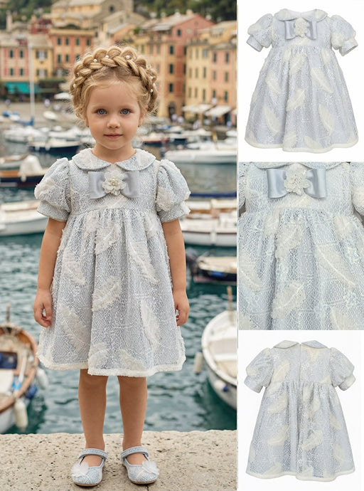 Girls' Light Blue Dress with Feather Print and Bow