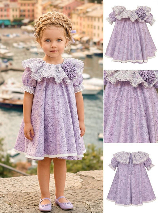 Girls' Lilac Dress with Wide Lace Collar
