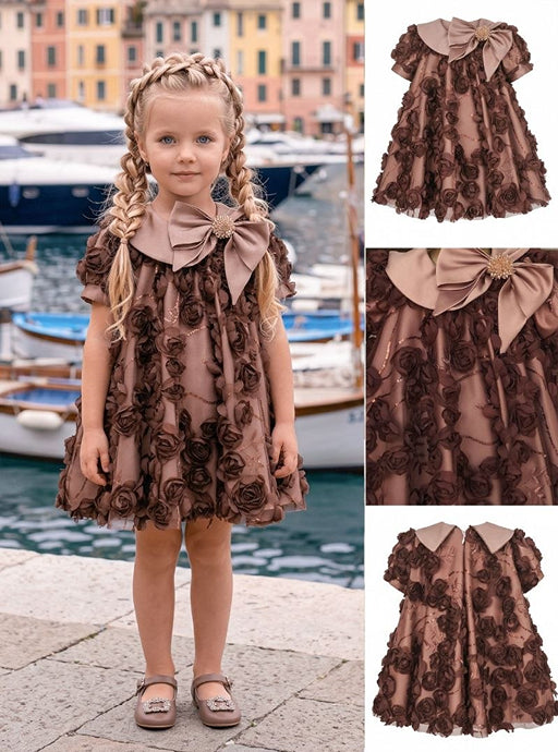 Girls' Brown Dress Adorned with Roses and Bow