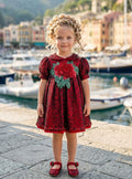 Girls' Burgundy Lace Dress Adorned with a Red Rose