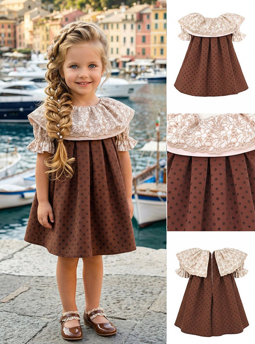 Kids' Brown Polka Dot Dress with Wide Lace Collar