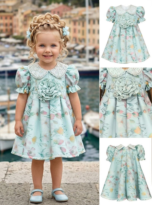 Girls' Aqua Green Dress with 3D Flowers