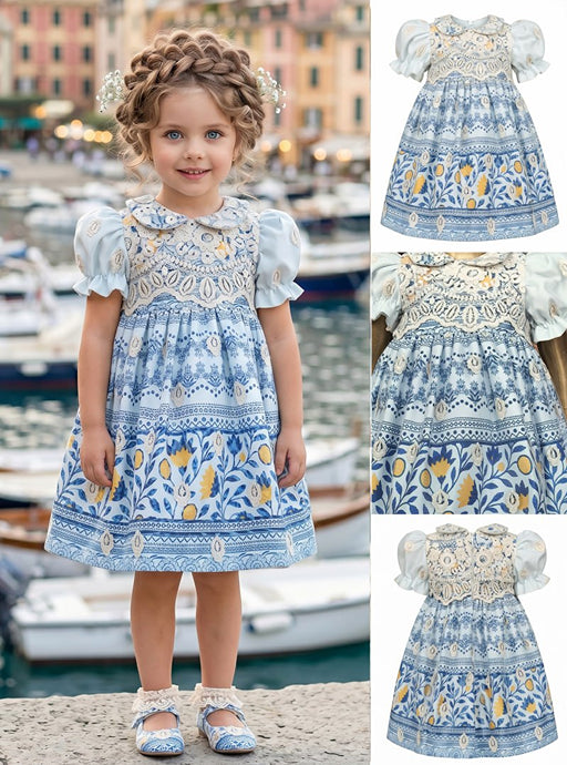 Girls' Blue Floral Dress with Lace Embroidery
