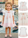 Girls' White Pearl-Studded Dress with Pink Ribbon