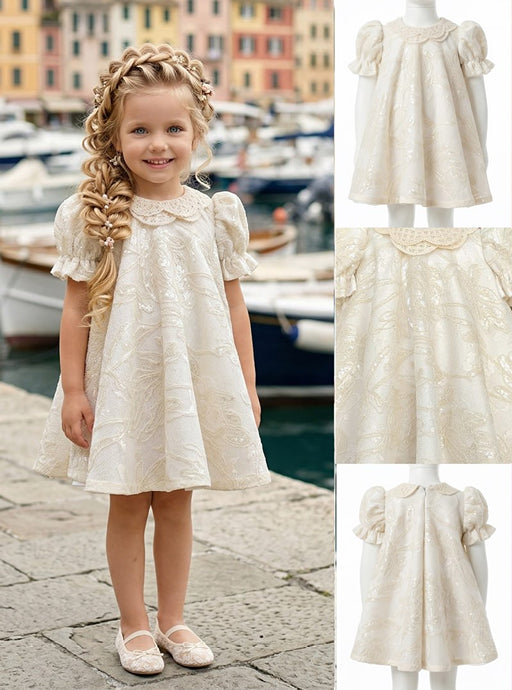 Girls' Cream Self-Patterned Dress