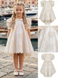 Girls' Asymmetric Ecru Dress Embroidered with Sequins
