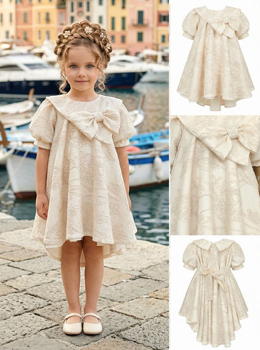 Girls' Cream Dress with Asymmetric Bow Collar