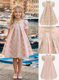 Girls' Powder Pink Dress with Gold Embroidery