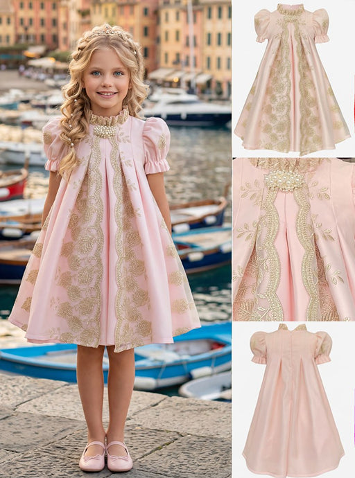 Girls' Powder Pink Dress with Gold Embroidery