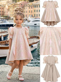 Girls' Asymmetric Beige Dress with Lace Panel