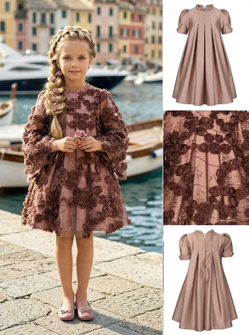 Girls' Dark Pink Dress Adorned with Roses