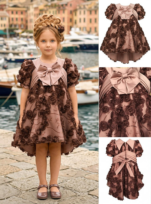 Girls' Asymmetric Brown Dress Adorned with 3D Roses