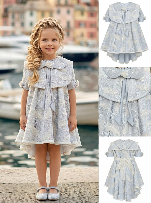 Girls' Blue Dress with Cape Collar and Feather Print
