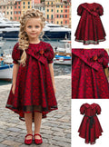 Girls' Burgundy Lace Dress with Asymmetric Bow