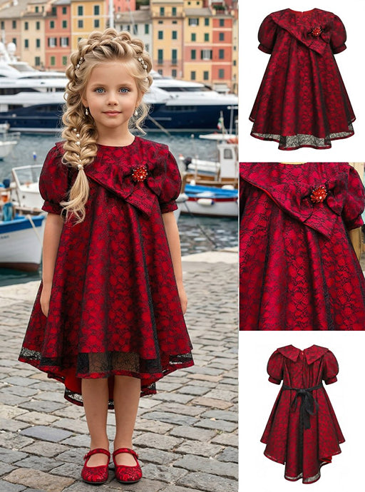 Girls' Burgundy Lace Dress with Asymmetric Bow
