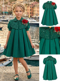 Girls' Emerald Green Dress Adorned with a Red Rose