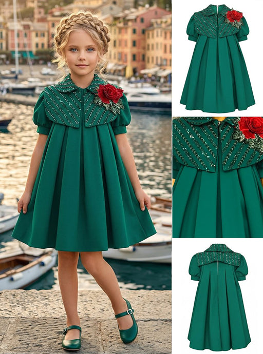 Girls' Emerald Green Dress Adorned with a Red Rose