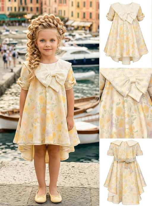 Girls' Asymmetric Dress with Yellow Floral Print