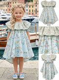 Girls' Aqua Blue Dress with Floral Print and Gold Daisy Embroidery