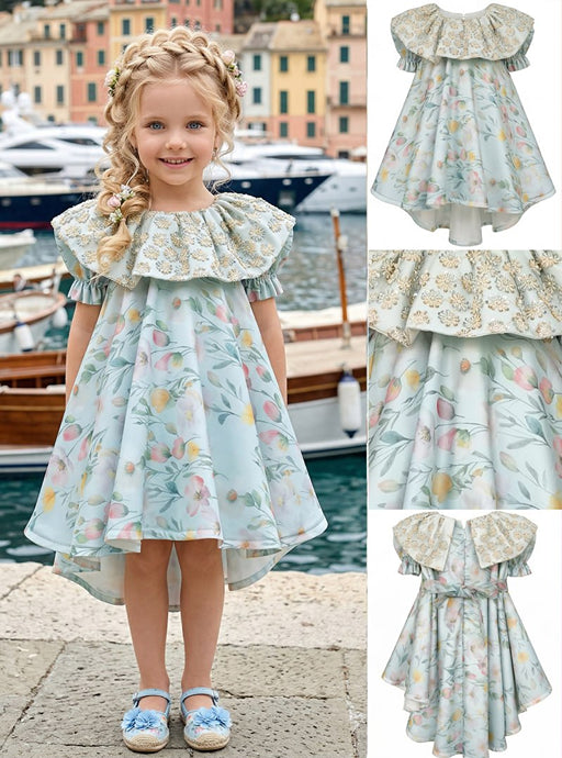 Girls' Aqua Blue Dress with Floral Print and Gold Daisy Embroidery