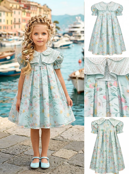 Girls' Aqua Blue Dress with Floral Print and Rhinestone Collar