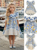Girls' Blue Dress with Wide Collar and Traditional Patterns