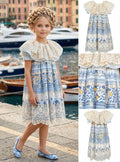 Girls' Patterned Blue Dress with Wide Lace Collar