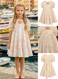 Girls' Ecru Lace Dress Adorned with a Pink Flower