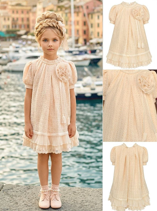 Girls' Powder Pink Dress Adorned with Roses and Tassels