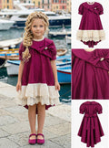 Girls' Burgundy Polka Dot Dress with Lace Skirt