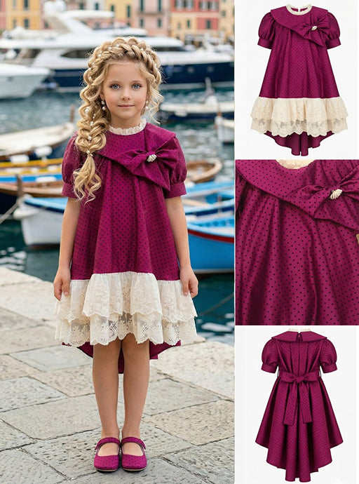 Girls' Burgundy Polka Dot Dress with Lace Skirt