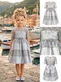 Girls' Silver Dress with Grey Lace Embroidery