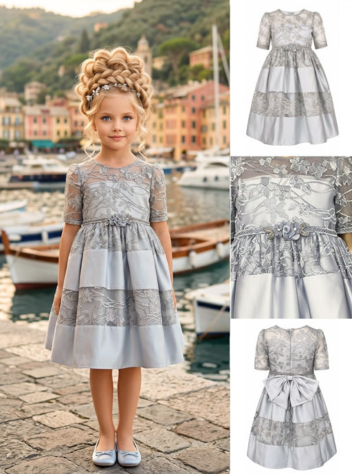 Girls' Silver Dress with Grey Lace Embroidery