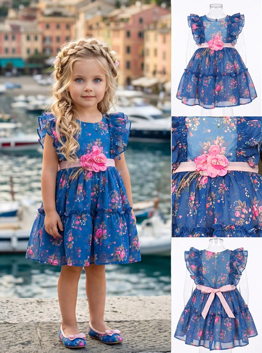 Girls' Navy Chiffon Dress with Floral Print
