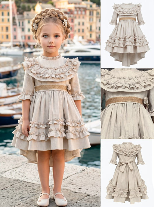 Girls' Beige Dress with Dense Ruffles